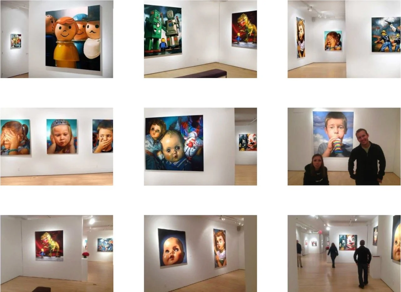 Gallery of colorful pop art and portrait paintings in an art exhibit with visitors viewing the artwork.