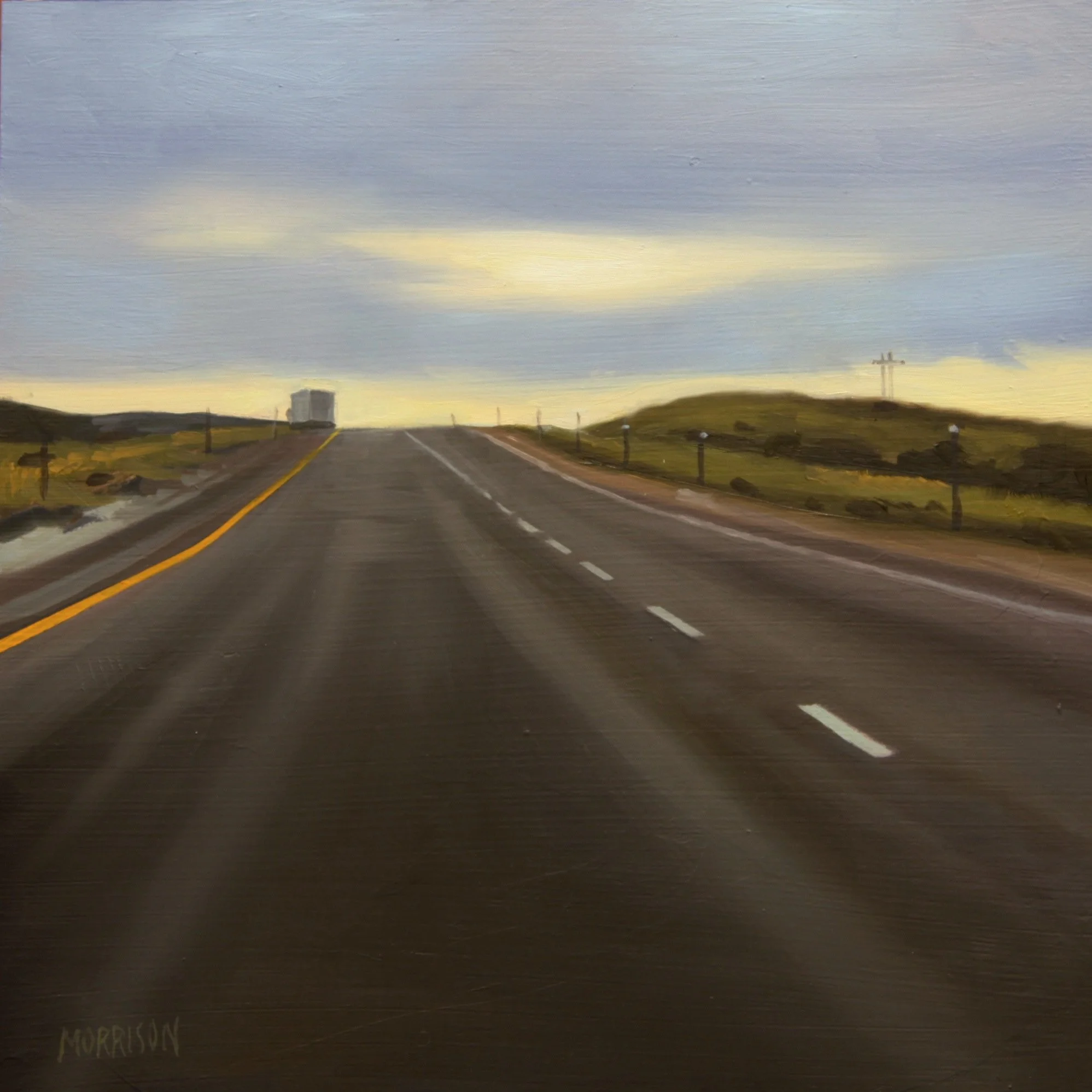 A painting of a rural highway with a truck on the horizon, lined with wooden posts and a grassy landscape under a cloudy sky.