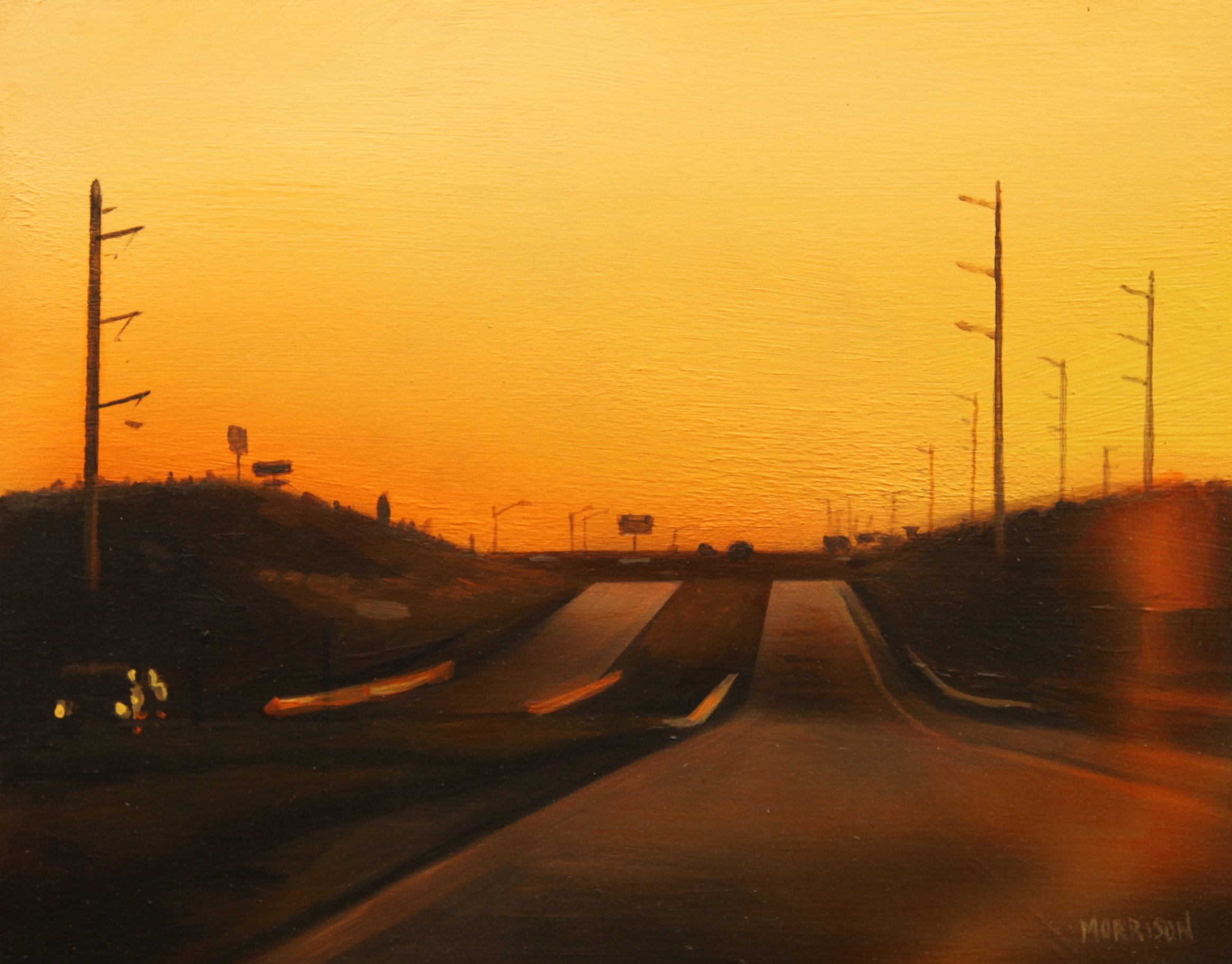 A painted landscape of a road at sunset with power lines and empty billboards along the sides, under an orange sky.