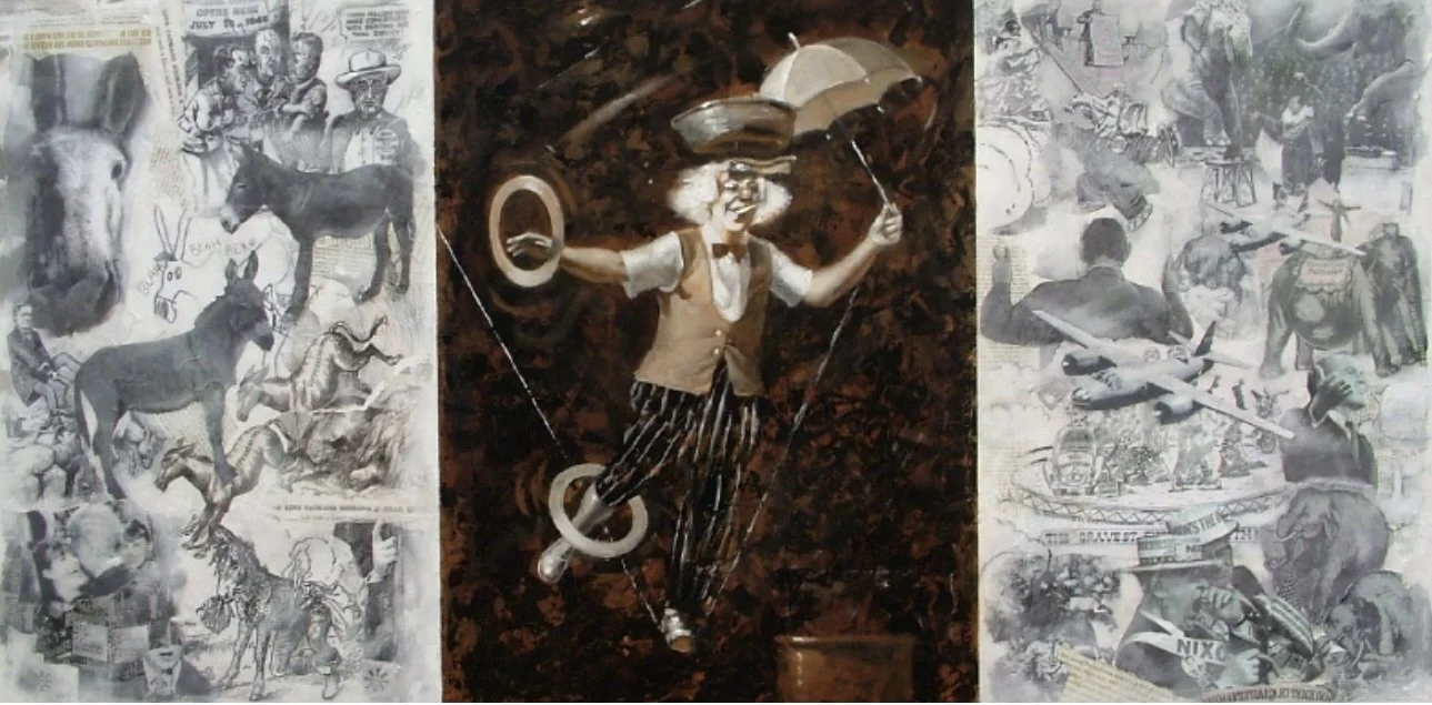 "Tightrope Walker"
Collage and Acrylic on Panel 24 x 48 inches