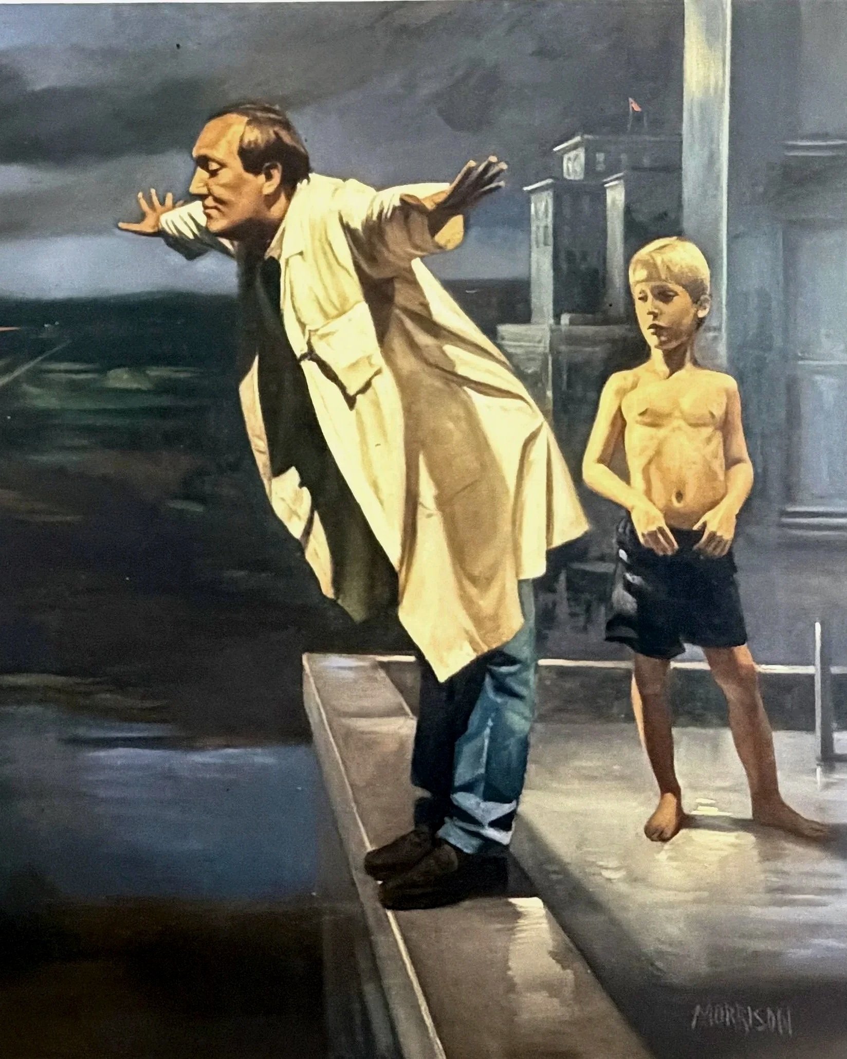 A painting of a man with glasses wearing a yellow coat leaning on a cane and a naked young girl with short blonde hair standing nearby on a city street with dark clouds overhead.