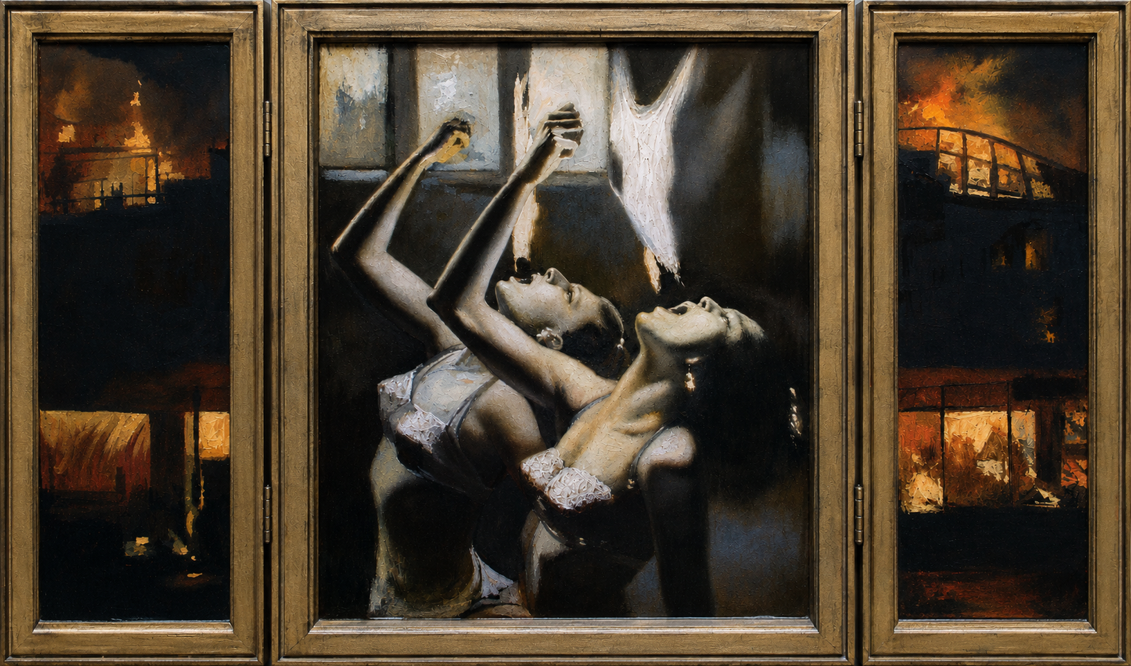 "Fire Eaters"
Oil on Panel (triptych) 24 1/4 x 44 (hand built frame)