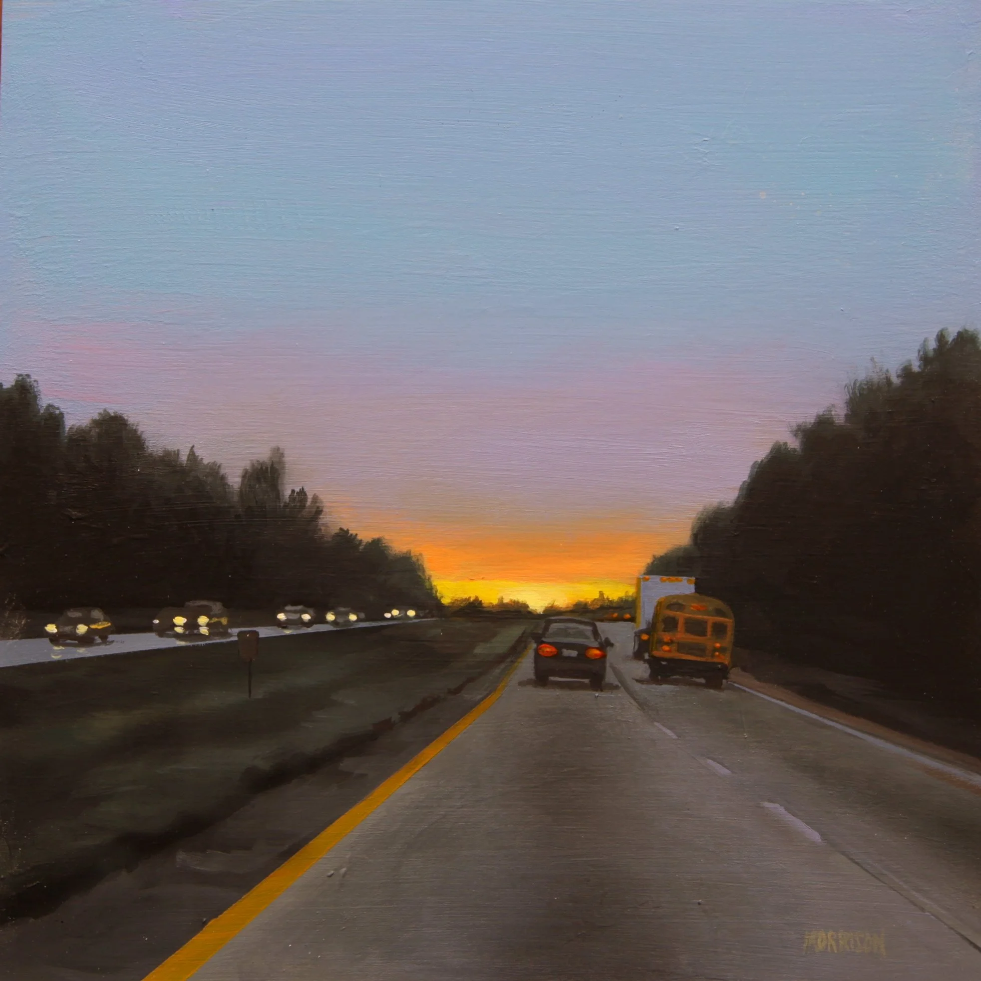 Painting of a highway at sunset with cars and trees on either side, the sky transitions from blue to pink to orange near the horizon.