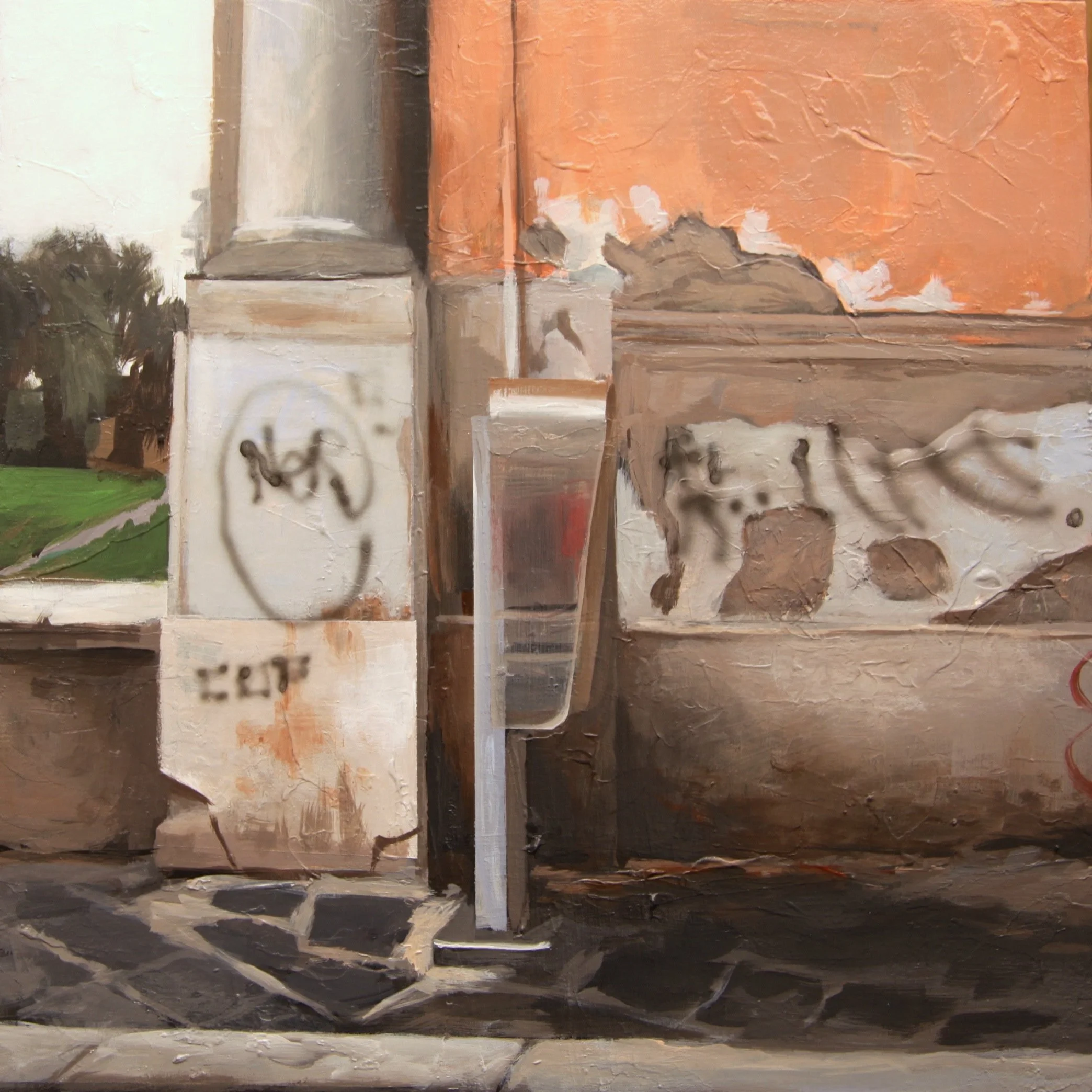 Close-up of a building corner with graffiti, depicting a white wall with black spray paint symbols, brick and stucco textures, and a sidewalk.