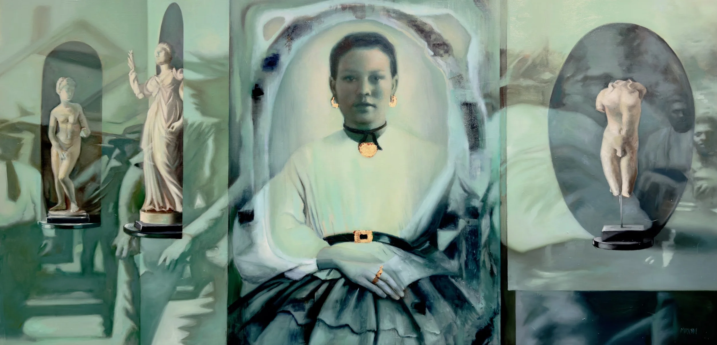 Art collage featuring classical sculptures, a modern painted portrait of a woman with crossed hands, and abstract elements with green tones.