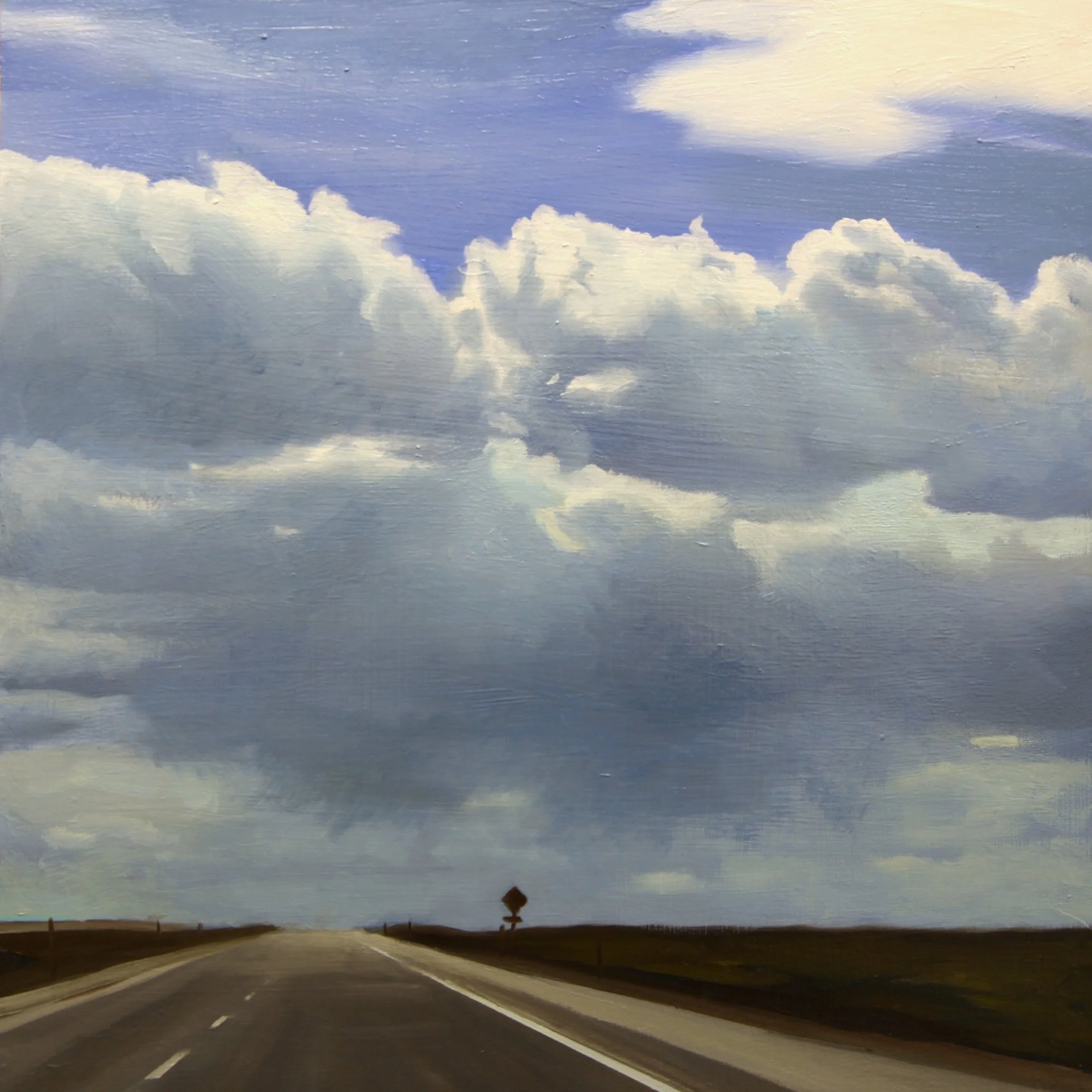 A painted landscape of an open road extending toward the horizon, with a clear sky filled with large, fluffy clouds and a single distant tree on the right side.