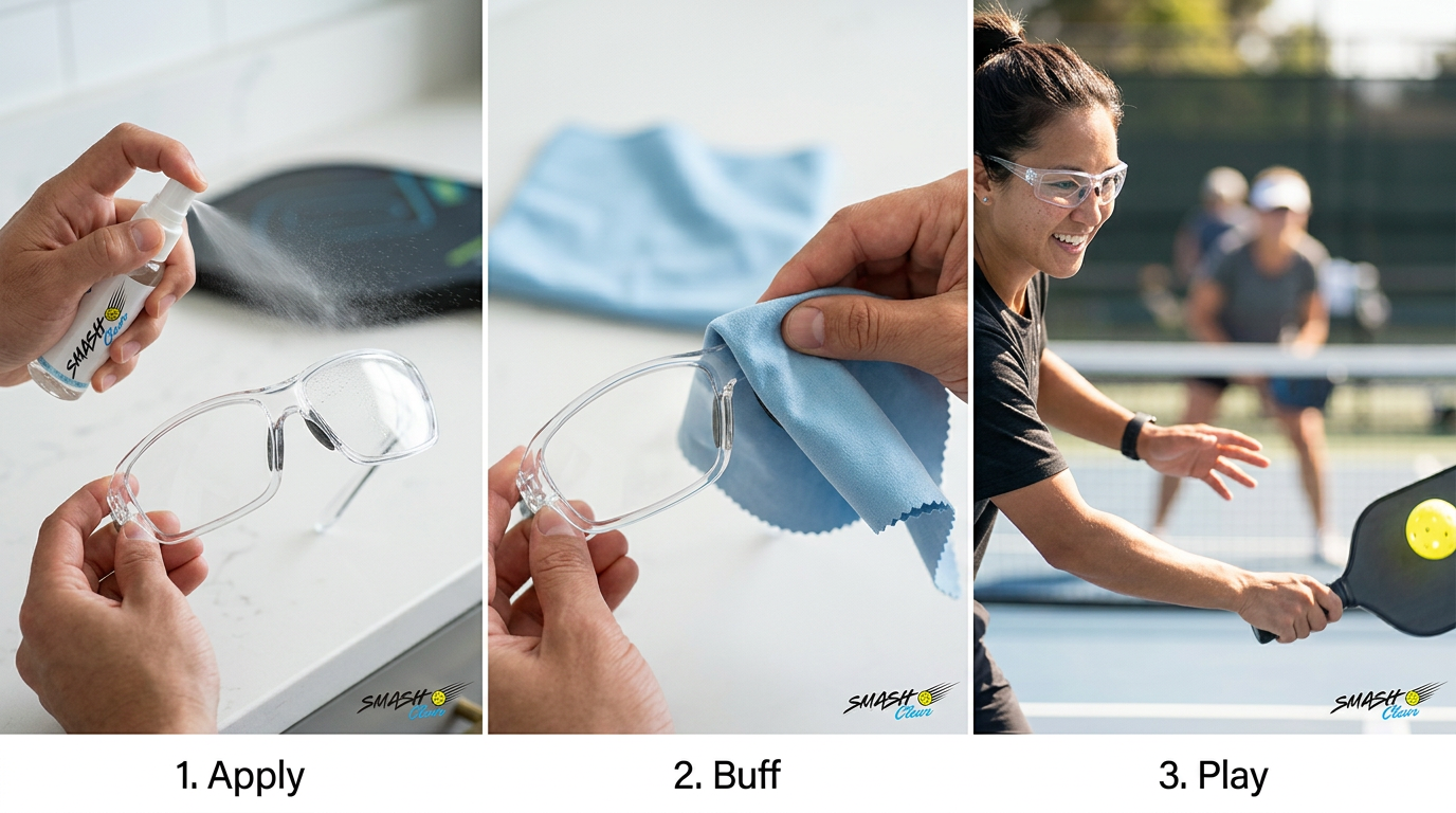 How to apply SmashClear anti-fog spray to pickleball glasses: spray, buff, and play