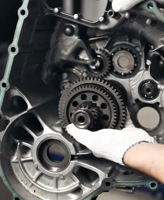 Person wearing a white glove holding a gear inside an engine assembly.