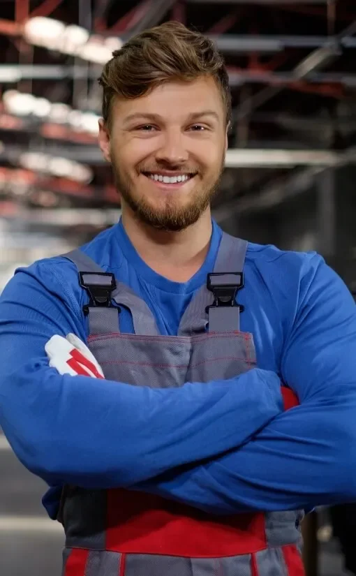 A young man with a beard wearing a blue long sleeve shirt and gray work apron, standing confidently with arms crossed inside a workshop or industrial setting.