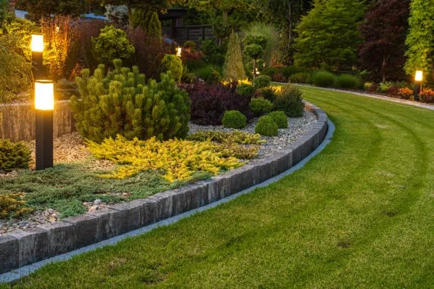 Well-maintained lawn and landscaped garden with various bushes and trees, illuminated by outdoor lights in the evening.