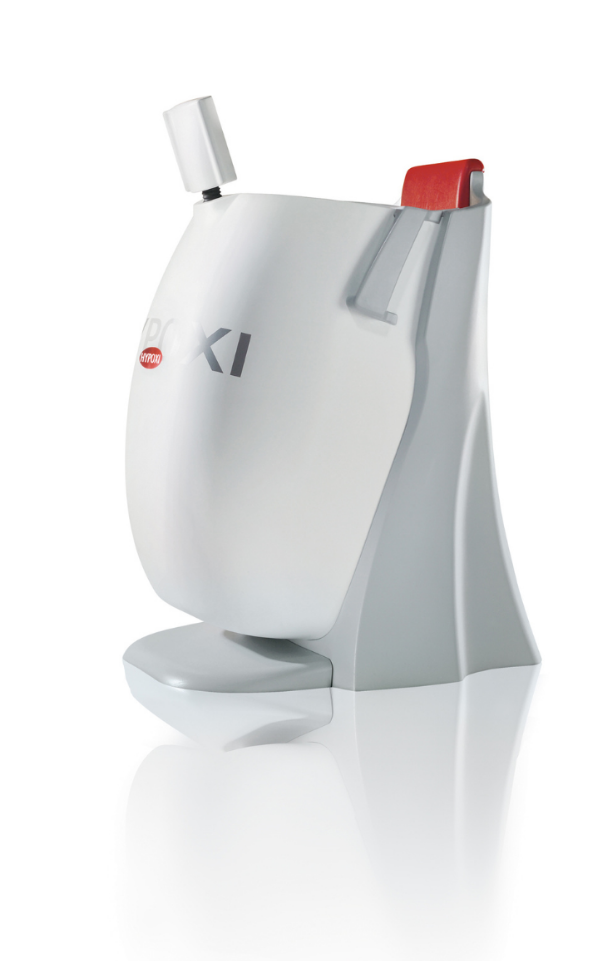 A portable oxygen concentrator with a handle, a control panel, and a red switch.