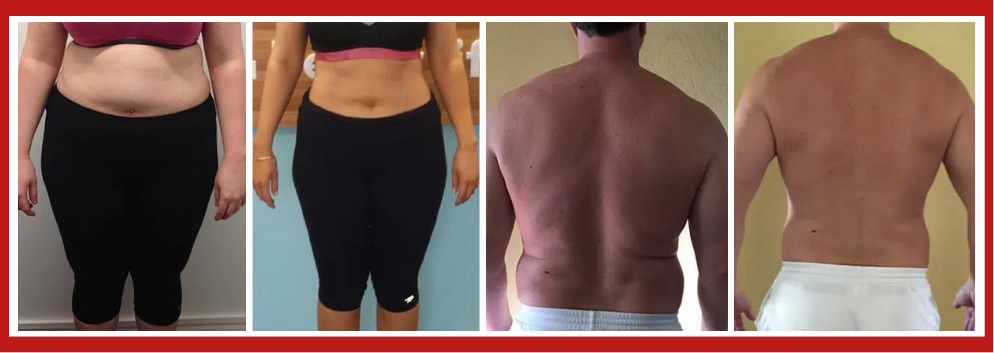 Comparison of weight loss and muscle gain before and after photos of two individuals, showing reduced body fat and increased muscle definition.