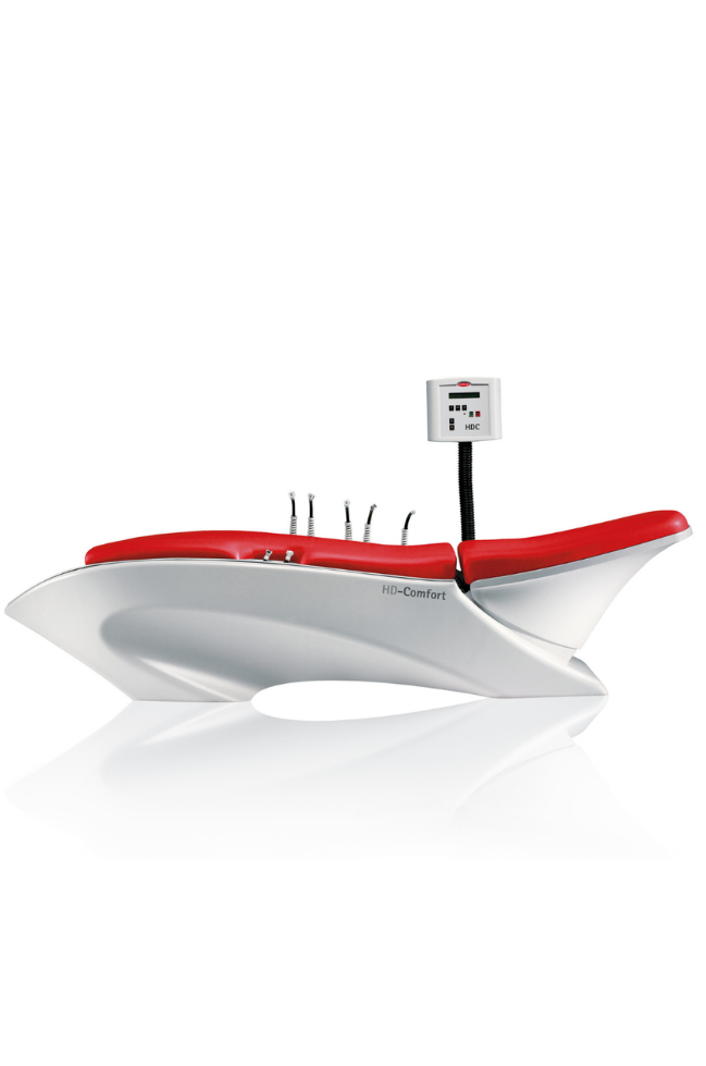 Medical device with a sleek white and red design, labeled 'HD-Comfort', featuring multiple hoses and a control unit with a display and buttons.