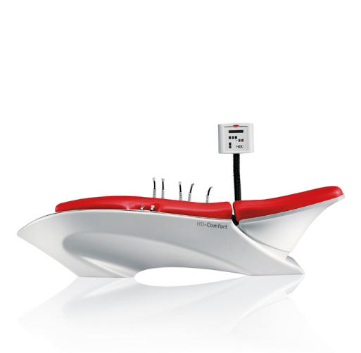 Medical treadmill with red cushioned surface and control box