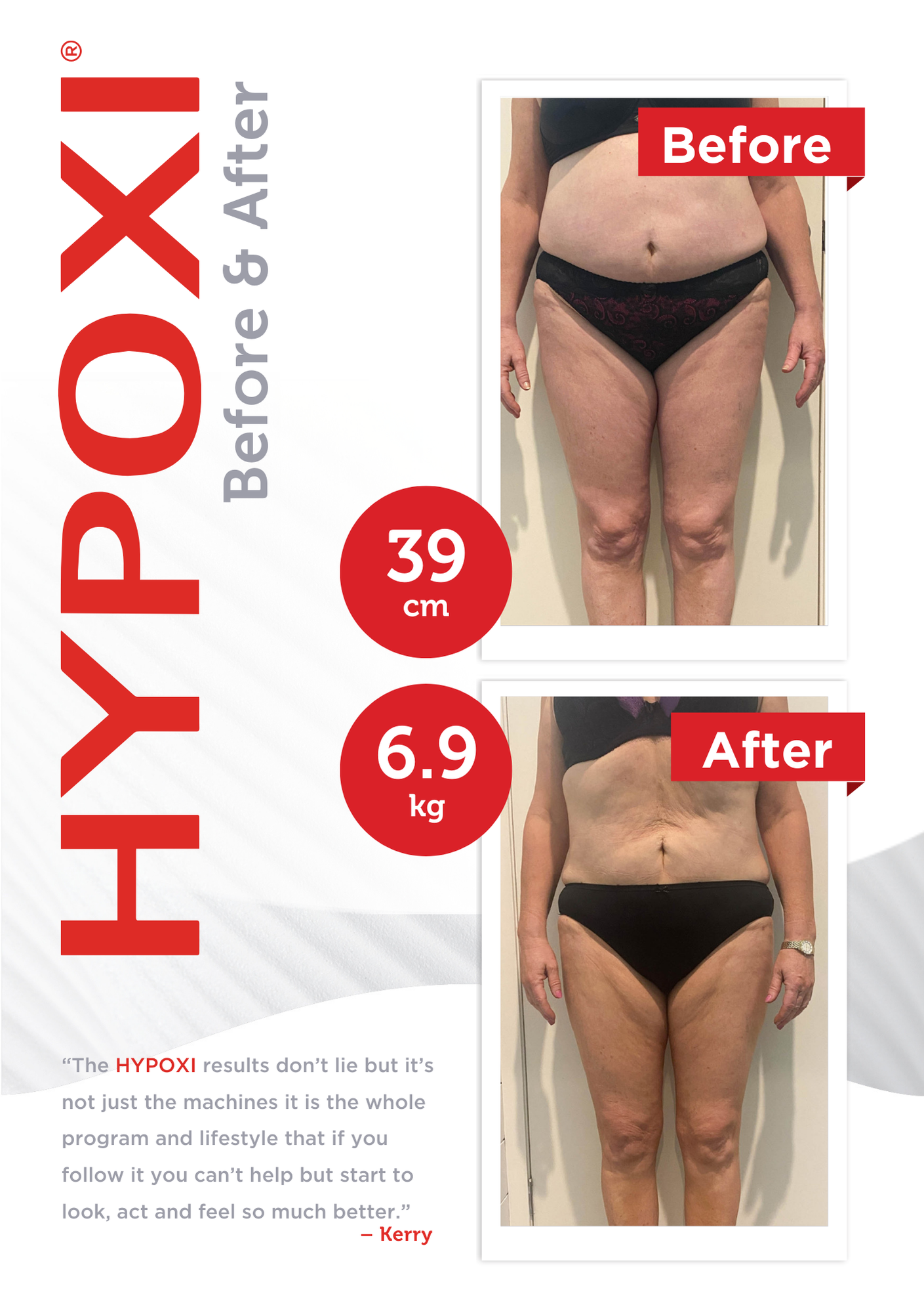 Side-by-side before and after photos of a woman's midsection showing weight loss, with measurements of 39 cm and 6.9 kg reduction, and a quote about the effectiveness of the program.