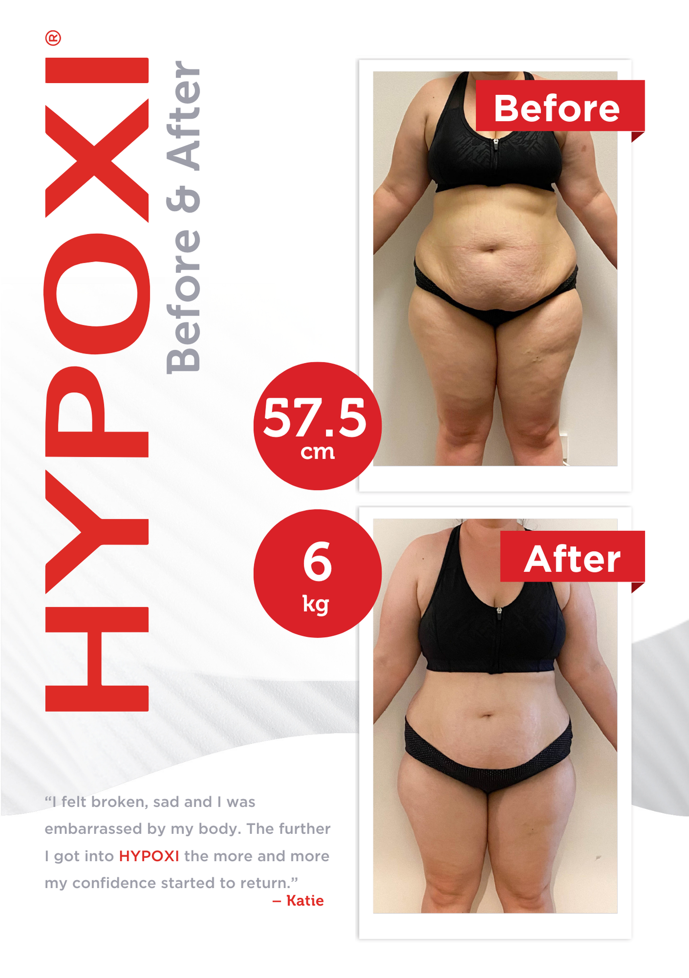 Before and after photos showing weight loss. In the before photo, a woman is wearing black workout clothing, with a waist measurement of 57.5 cm and weighing 6 kg more than in the after photo. The after photo shows the same woman with a slimmer waist.