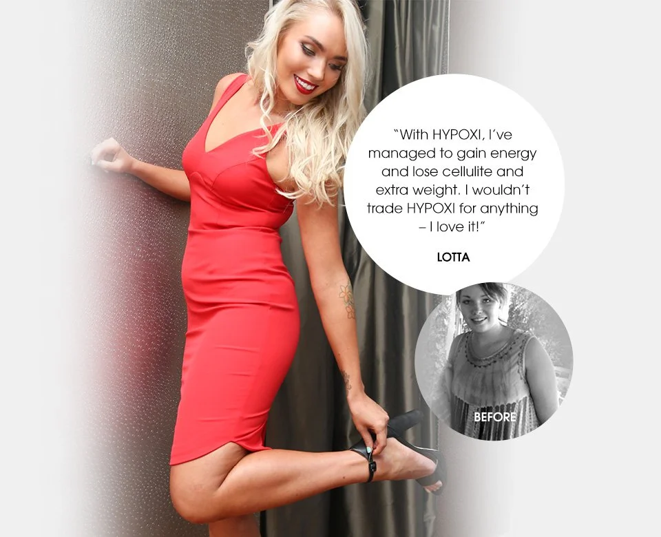 A woman in a red dress smiling and holding her foot, with a quote bubble about her experience with HYPOXI. The quote mentions gaining energy and losing cellulite and extra weight, praising the product.