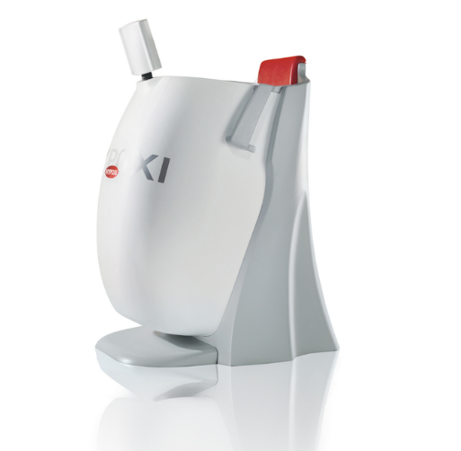 Medical device with a white body, red handle, and an adjustable arm