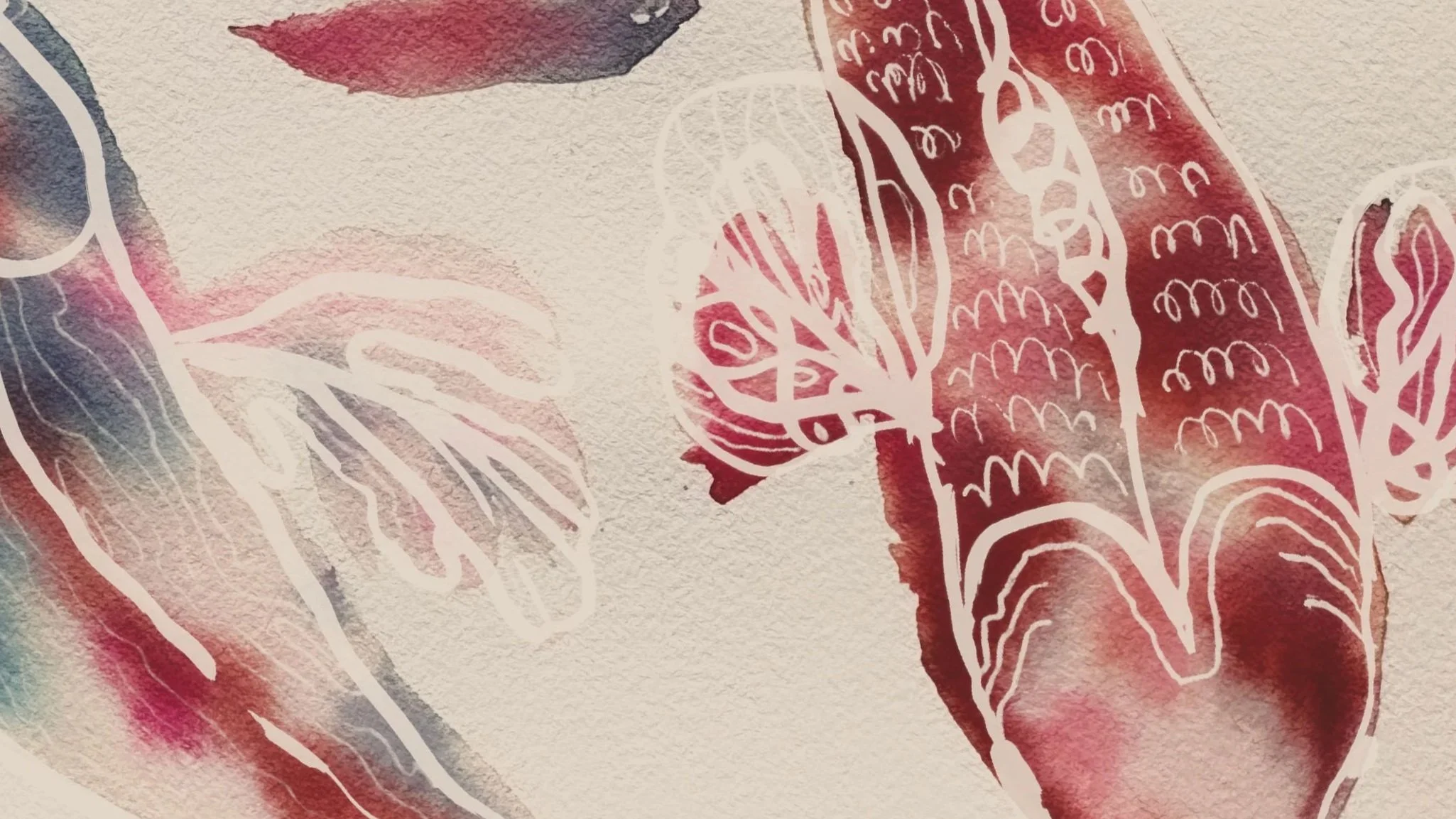 Watercolor painting of butterflies and a dragonfly with white line drawings over splashes of red, pink, and blue watercolor on textured paper.