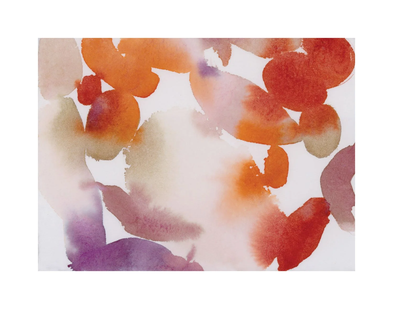 Abstract watercolor painting with orange, purple, pink, and brown hues, resembling floral shapes.