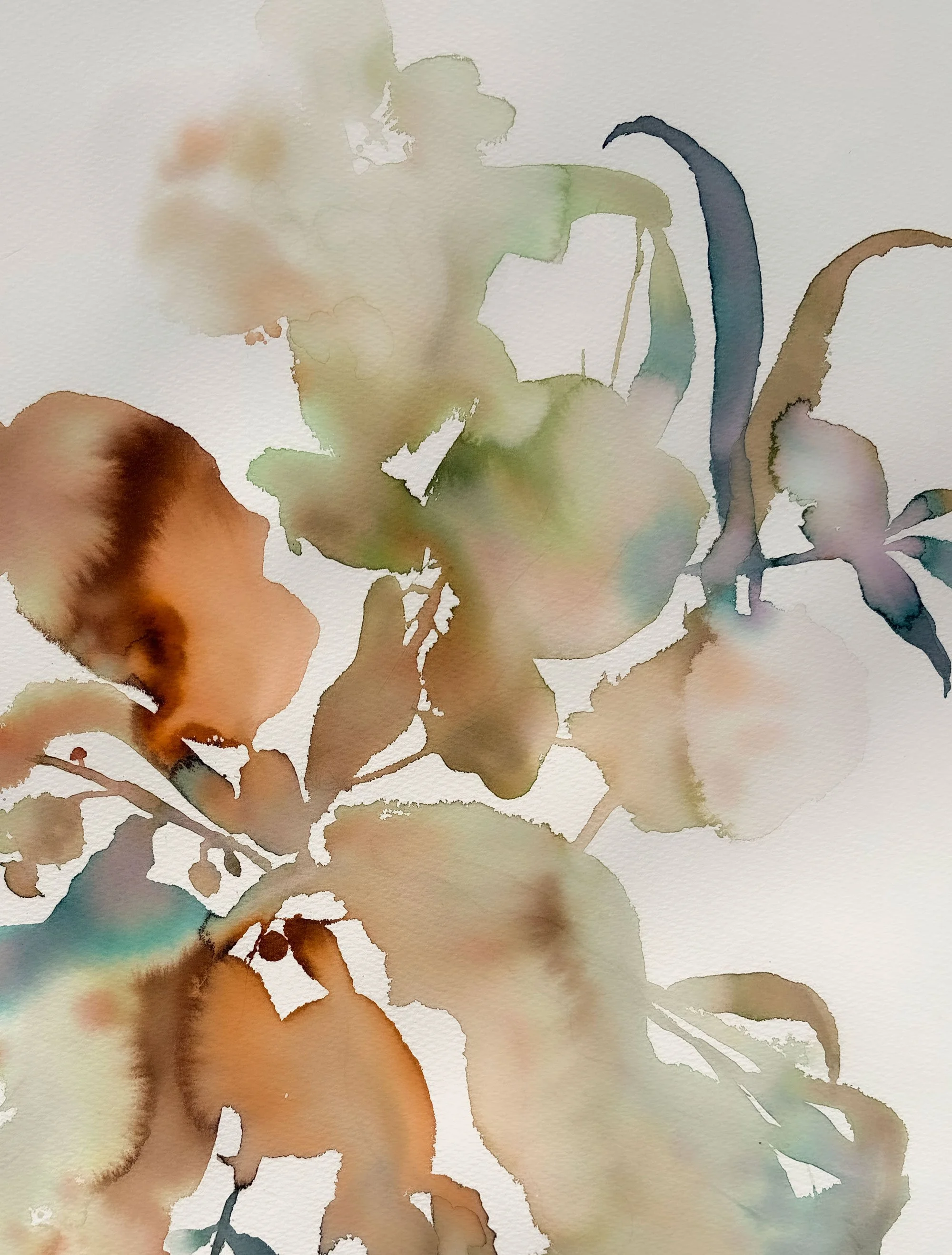 Watercolor painting of a branch with leaves and flowers in soft pastel hues.