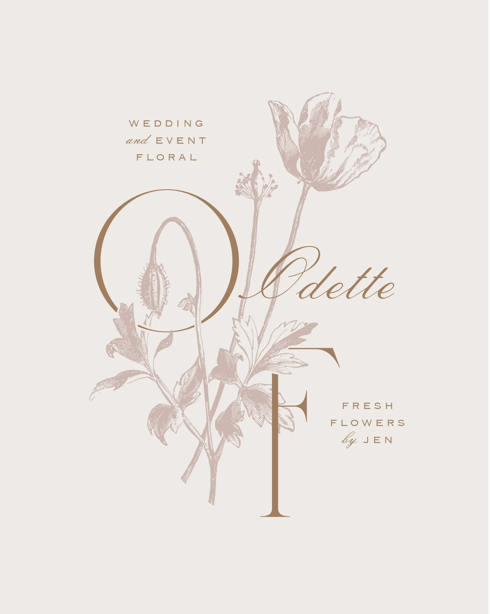 Floral design with poppies and text reading 'Wedding and Event Floral Odette, Fresh Flowers by Jen' in soft, neutral colors.