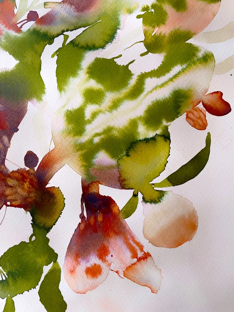Abstract watercolor painting in green, brown, and pink hues, featuring loosely defined floral shapes and leaves.