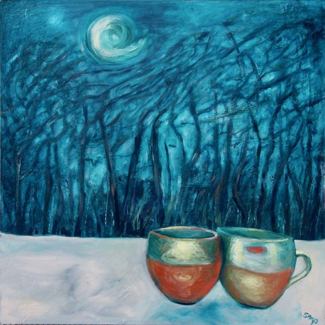 Two cups on a white surface with a dark blue night sky and a bright moon in the background.