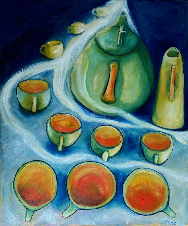 Colorful abstract painting featuring a large green teapot, a yellow cone-shaped object, and several small round cups with orange interiors on a wavy blue and white background.