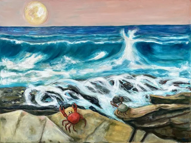 A painting of a seashore scene with waves crashing against rocks, a large bright moon in the sky, and two animated sea creatures, a crab and a small turtle, on the rocks.