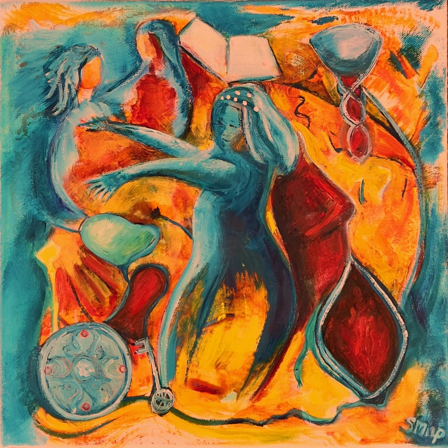 An abstract painting with three blue-toned women surrounded by warm colors, holding musical instruments and a disco ball.