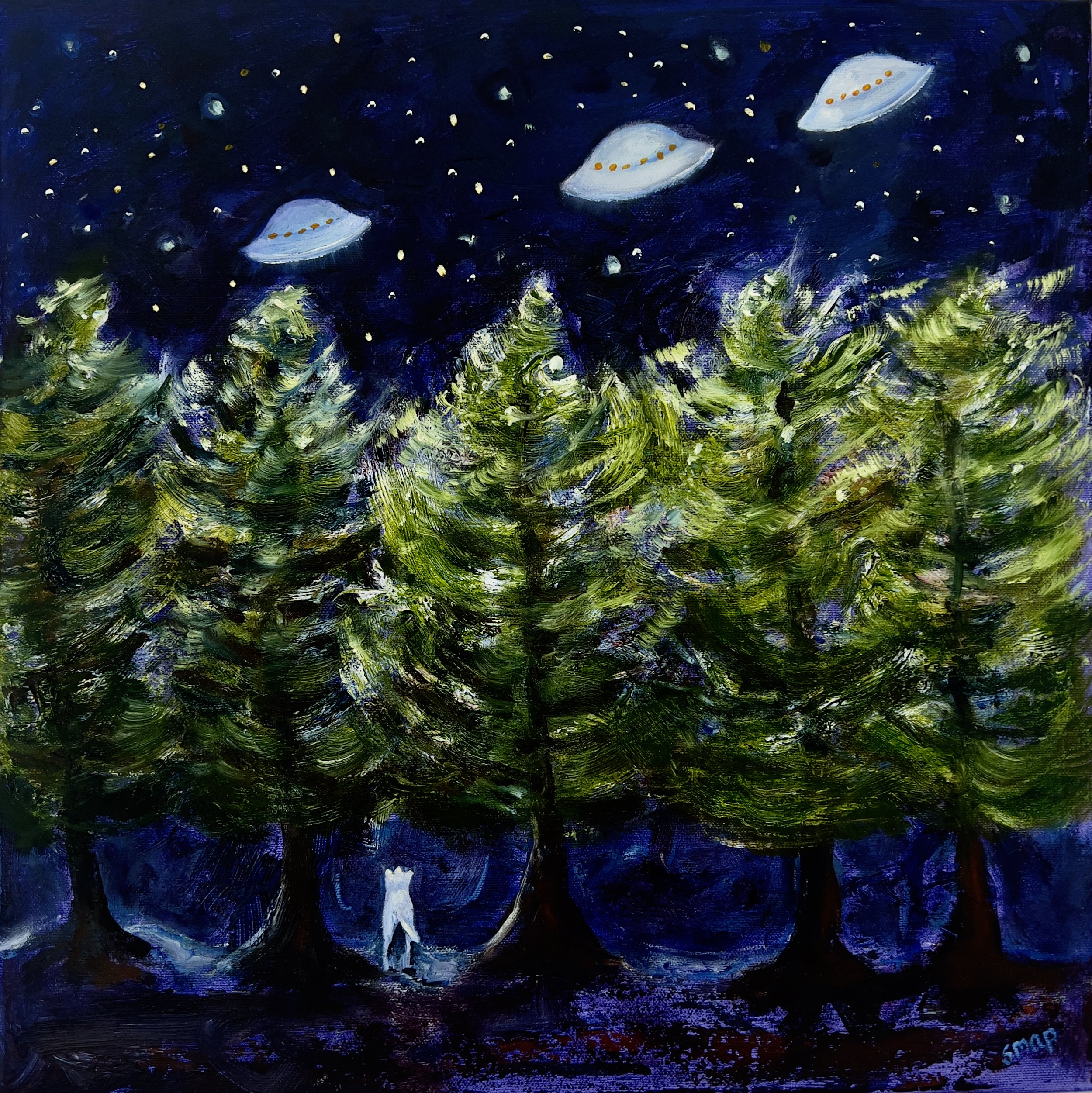 Space Ships Above The Trees,  Whimsical Oil Painting