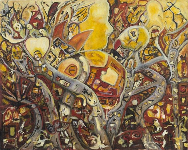 Abstract painting with warm tones of yellow, orange, and red, featuring swirling shapes, fragmented images, and distorted figures.