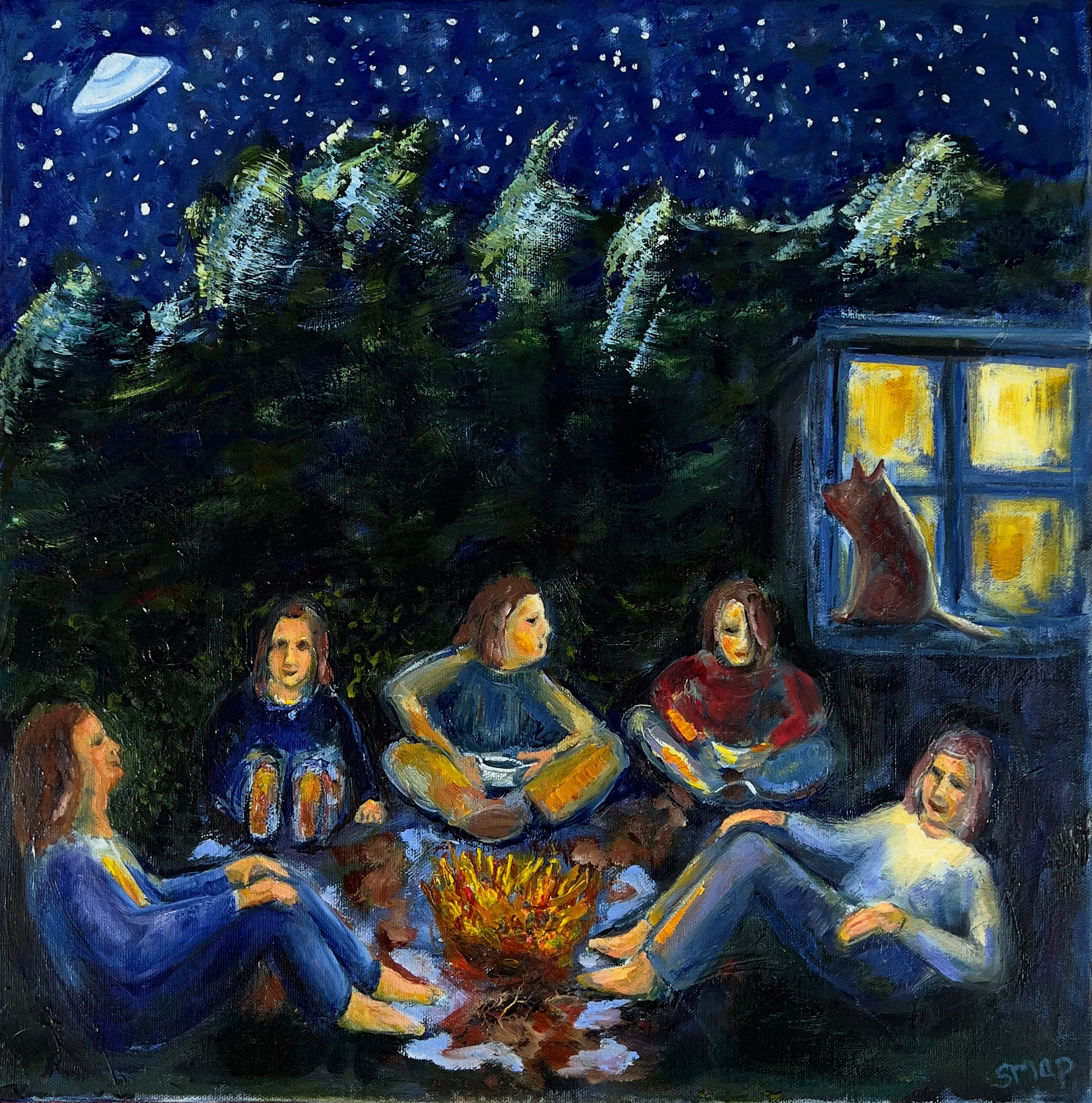 Camp Fire, Whimsical Oil Painting