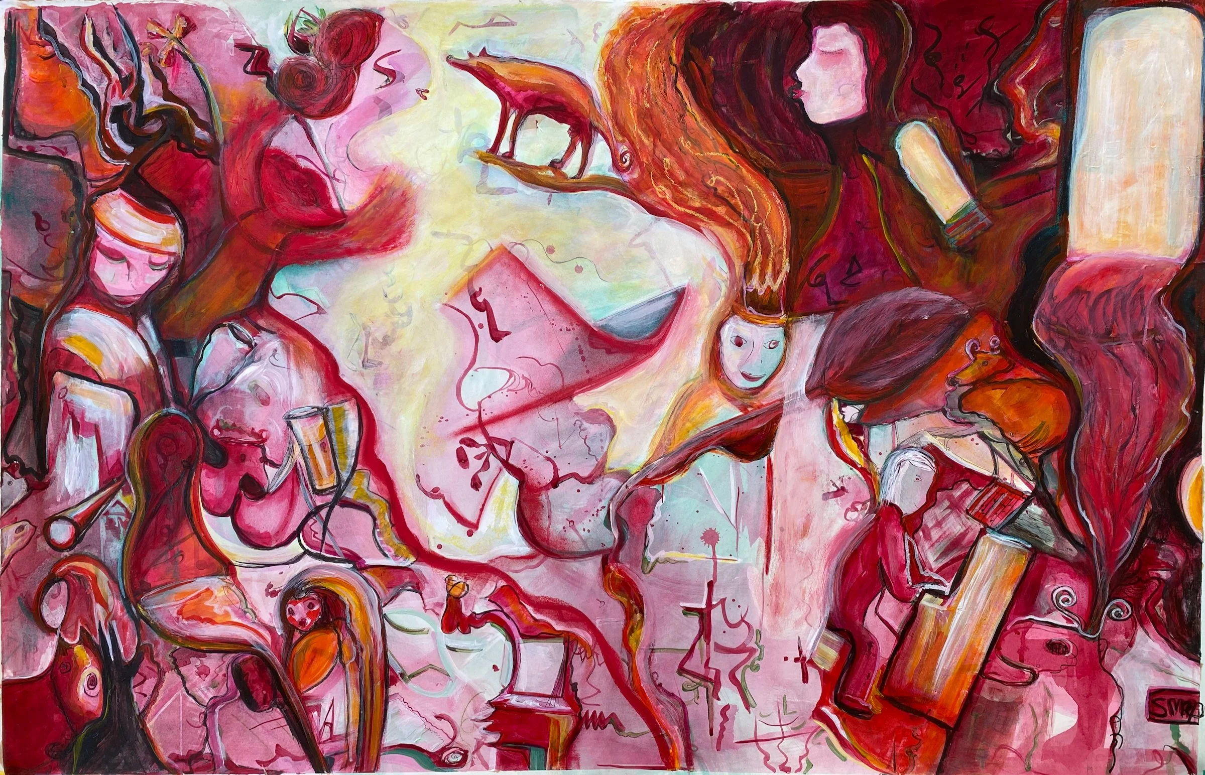 A colorful abstract painting featuring several female figures, cats, and various whimsical shapes in shades of pink, red, orange, and yellow.