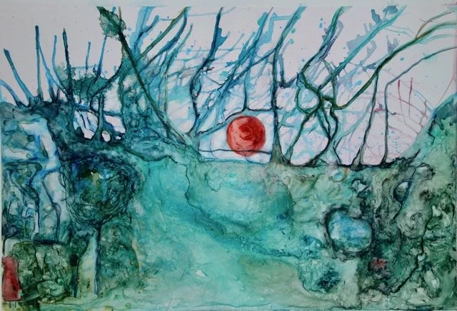 Abstract watercolor painting of a natural landscape with leafless trees, a red sun or moon, and a textured sky with shades of blue and green.