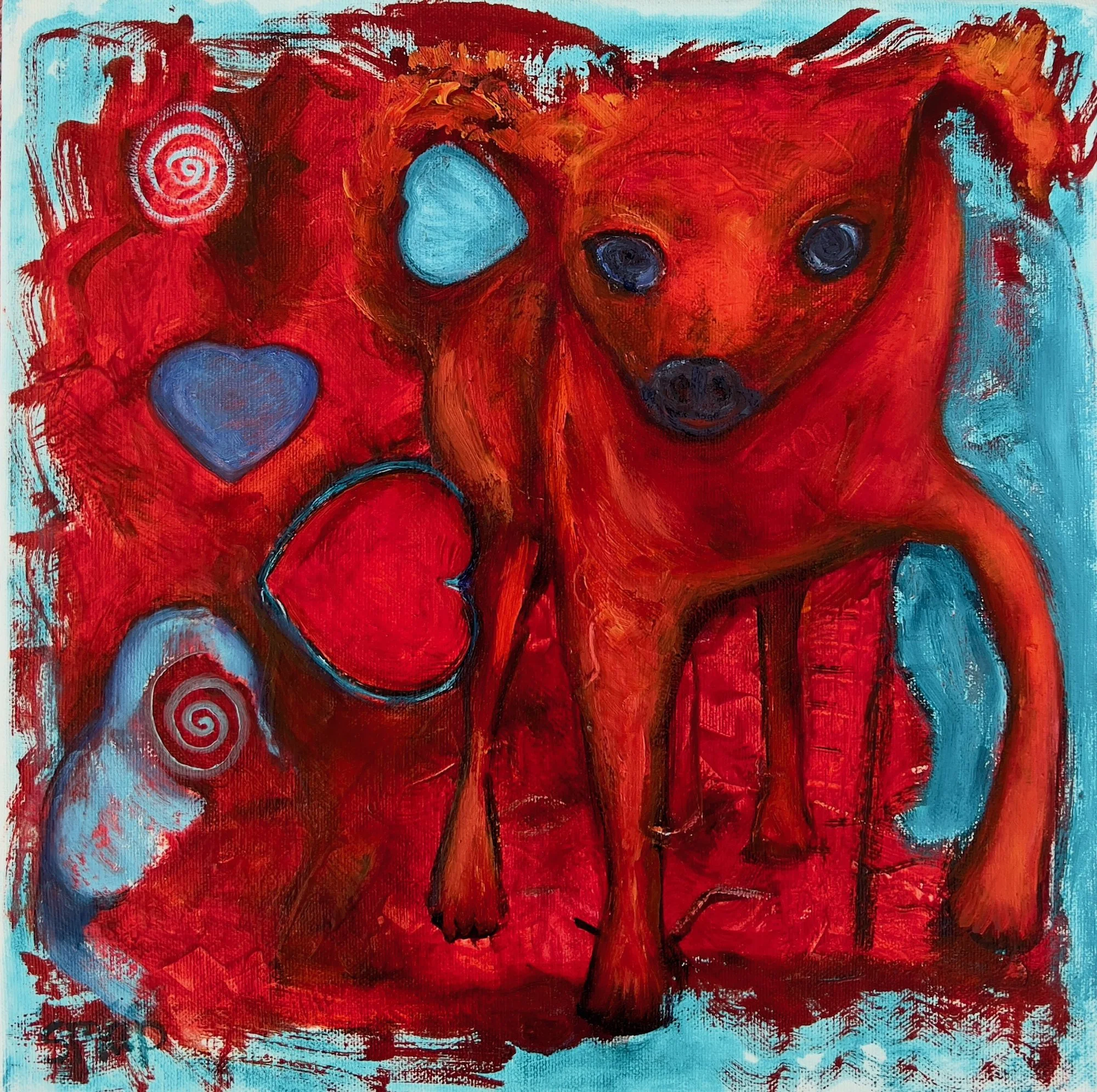 An abstract painting of a red dog with black eyes, surrounded by hearts and spiral designs on a blue and red background.