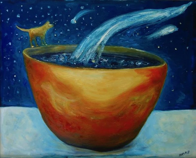 A painting of a large orange bowl with a blue background. Water is pouring into the bowl, and a small, yellow dog is standing on the rim, as if watching the water fill the bowl.