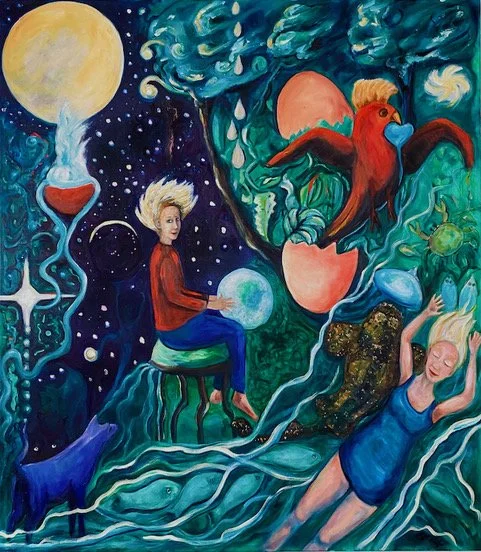 A vibrant surreal painting featuring a woman swimming in water, a seated person holding a globe, a bird with a 'lion's mane' on a tree, a large moon, and abstract shapes and planets in space.