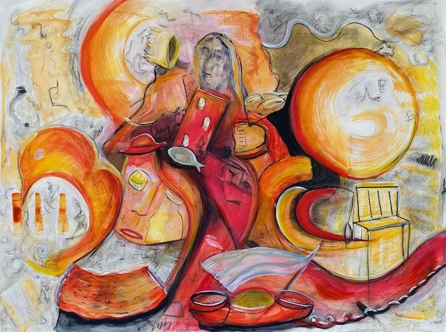 Abstract painting with various shapes and colors, including circles, faces, and objects in shades of orange, red, yellow, and gray.
