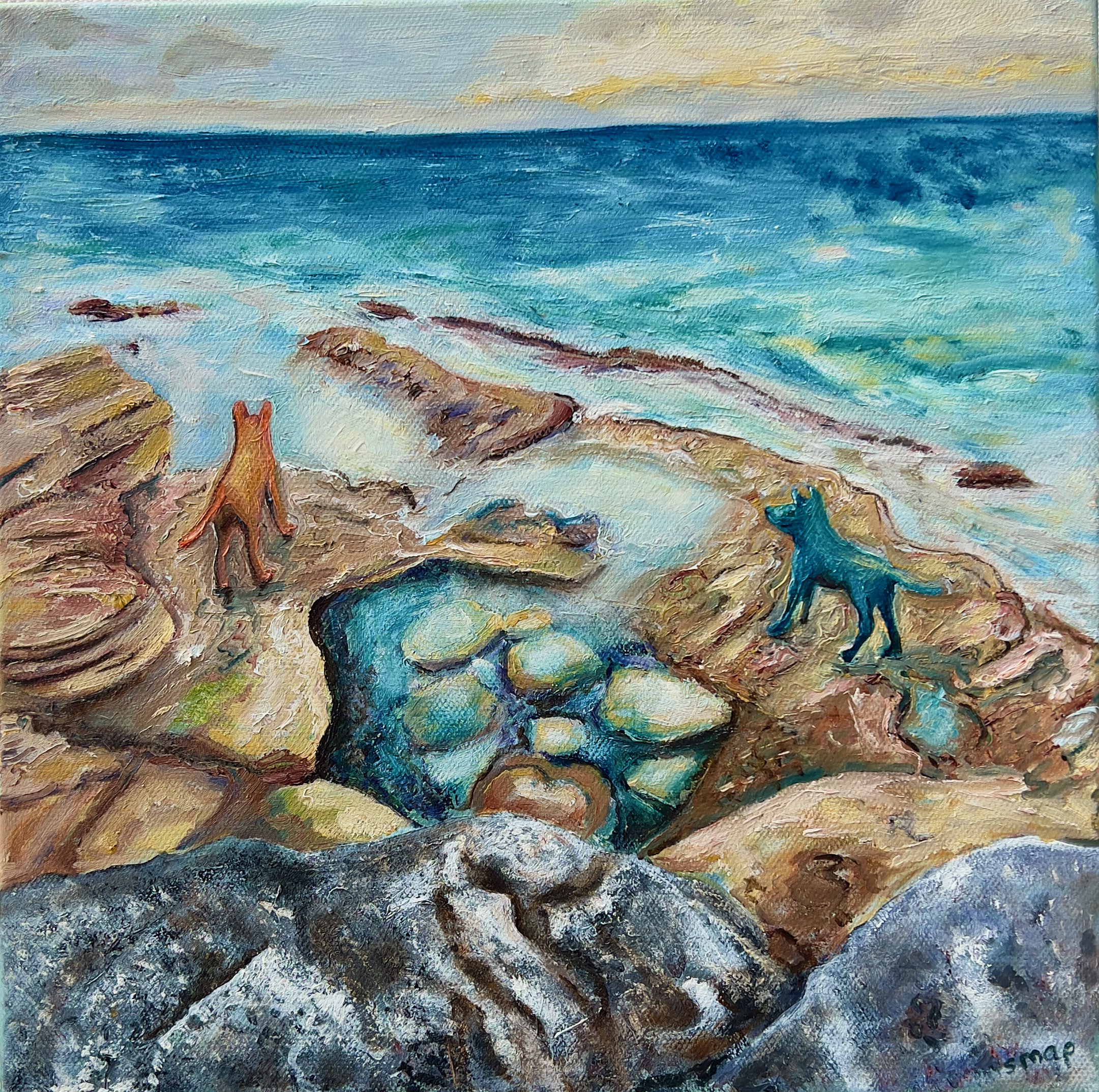 Painting of two dogs on rocky shoreline near the ocean, one red and one blue, with waves and cloudy sky in the background.