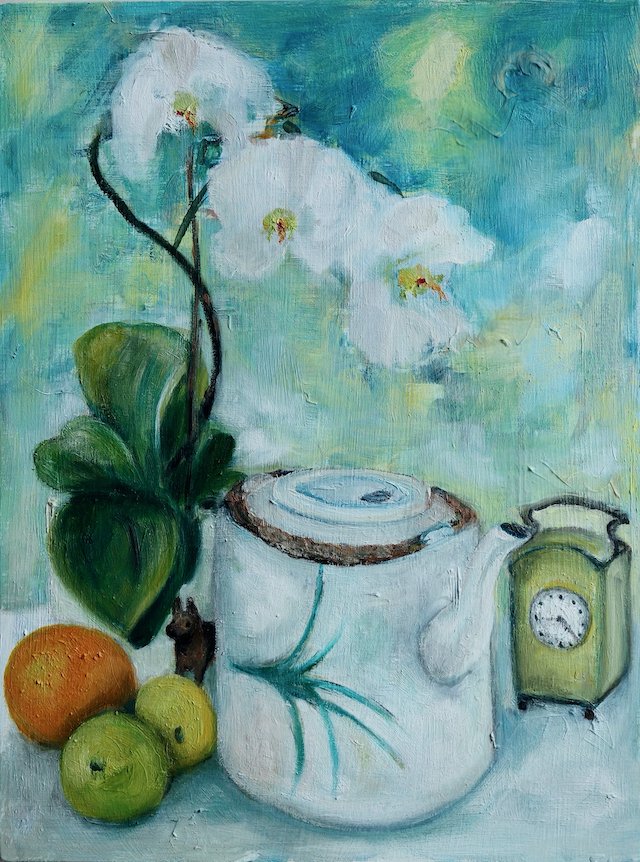 A still life painting featuring a white teapot, three green apples, one orange, a small black figurine, a potted orchid with white flowers, and a vintage alarm clock on a light-colored surface with a blue and green abstract background.