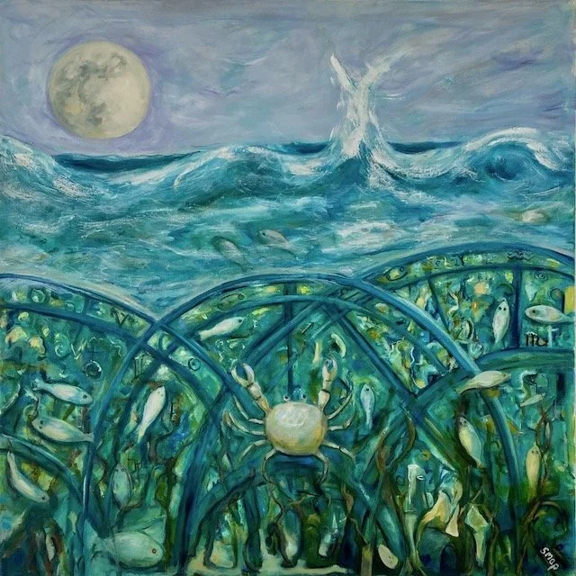 A surreal underwater scene with a large crab at the center, surrounded by many fish and aquatic plants. Above the water, there are waves and a full moon in a cloudy sky.
