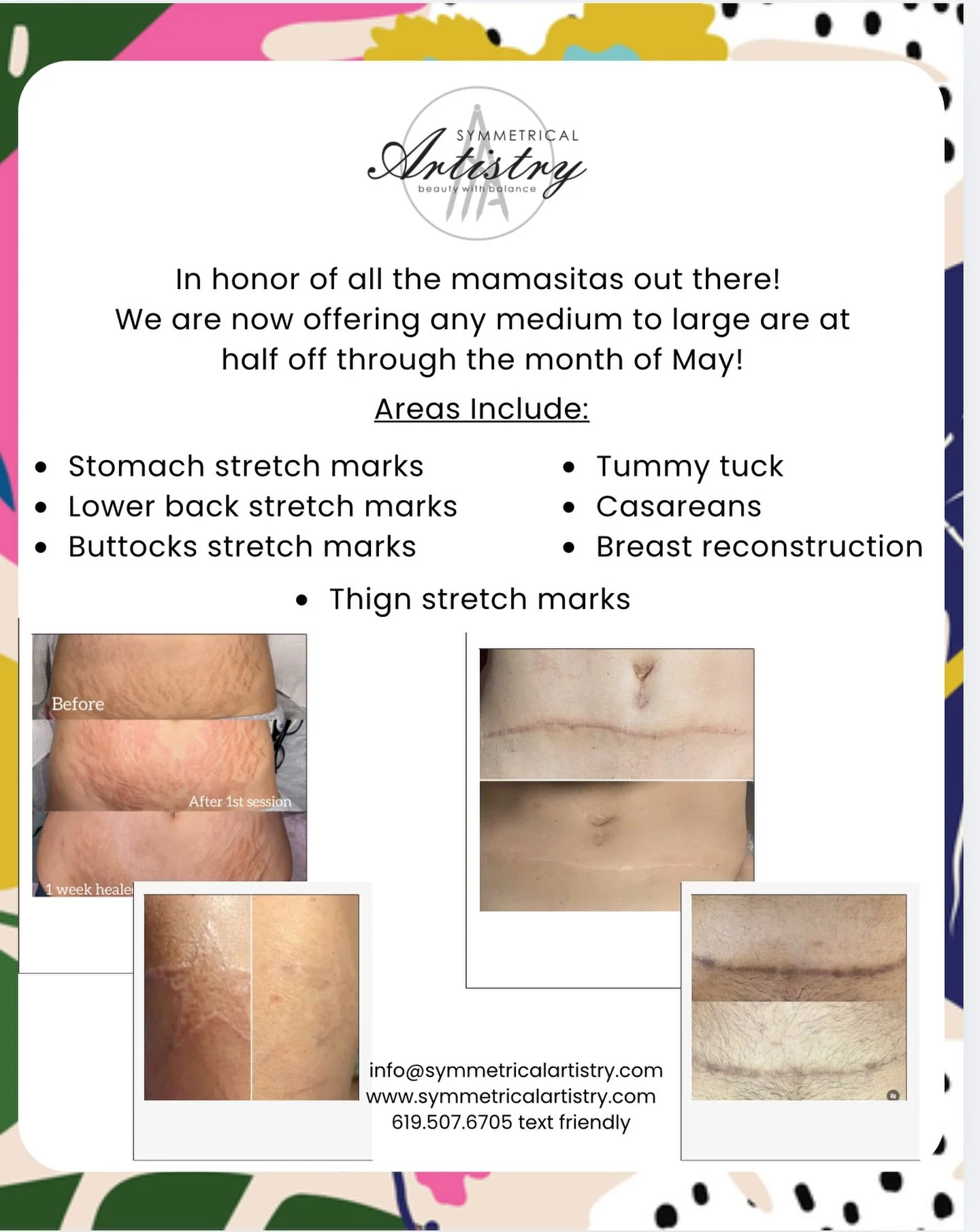 In honor of our mamasitas out there we are offering a May promo on our scar services. 

Scars tell a story&hellip; but they don&rsquo;t have to define your skin.

Scar camouflage and inkless scar revision are advanced techniques designed to improve t