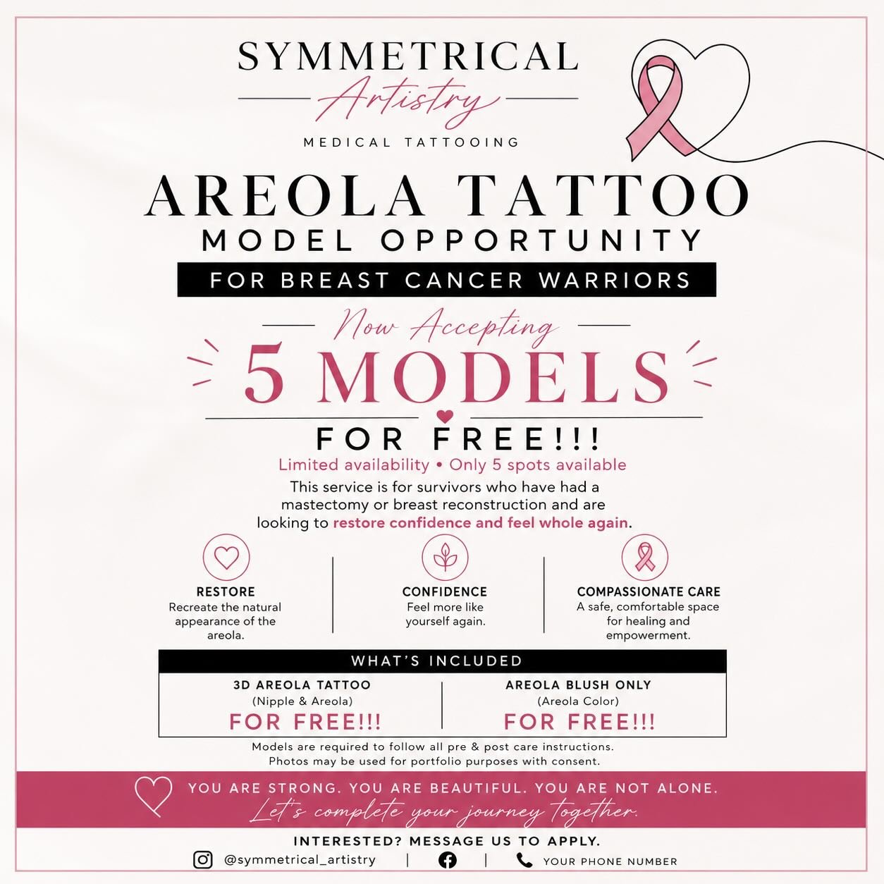 Healing goes beyond the physical. 🤍

Symmetrical Artistry is now seeking 5 breast cancer survivor models for FREE areola tattoo services. This opportunity is designed to help restore confidence, femininity, and a sense of wholeness after reconstruct