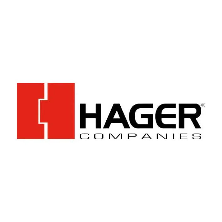 Hager Companies logo with red geometric symbol and black text.