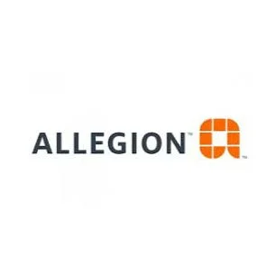 Allegion logo with black text and an orange symbol on a white background.