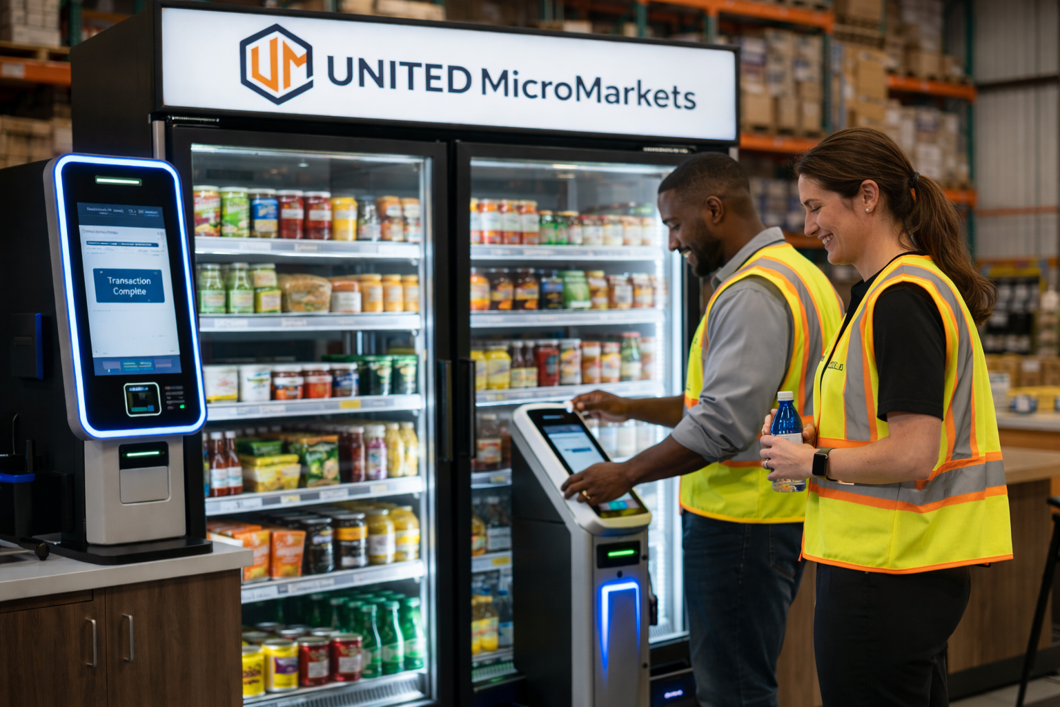 Warehouse employees using self-checkout kiosk at United Micro Markets micro market
