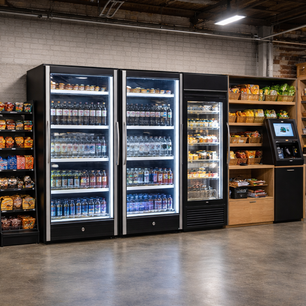 Micro market breakroom with smart coolers snacks beverages and self checkout kiosks in office workplace