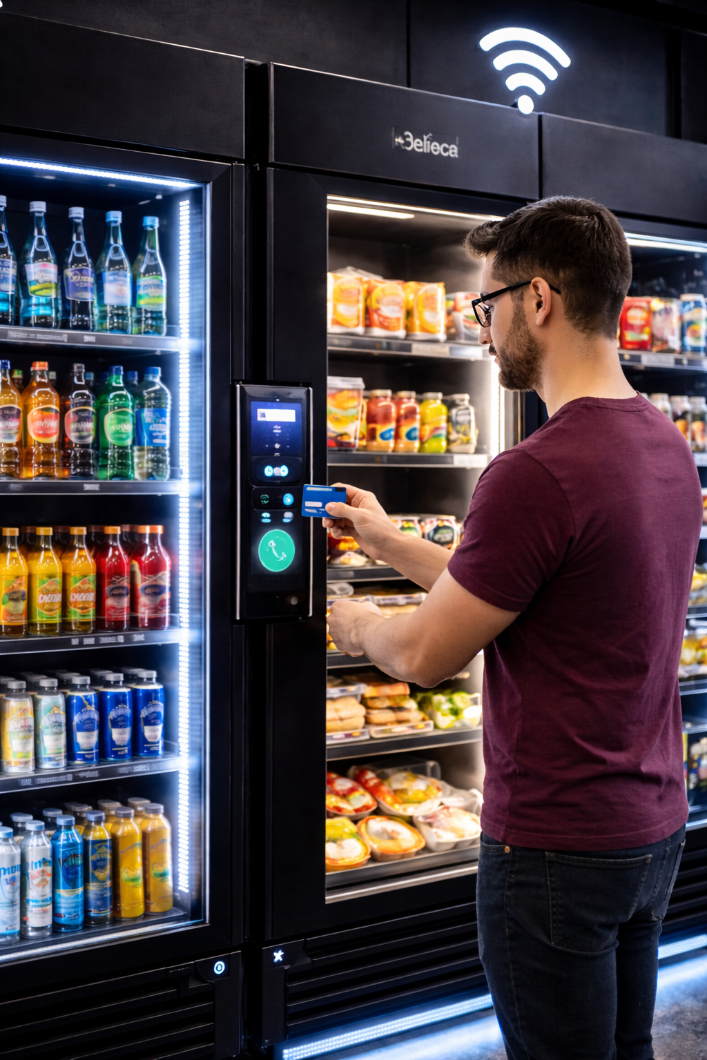 Smart cooler vending machine with drinks in a workplace